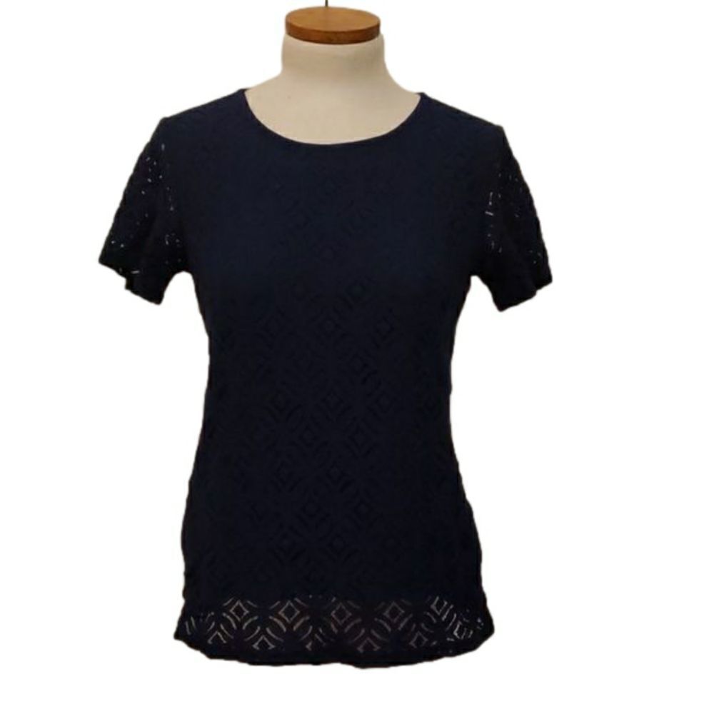 Market & Spruce Hans Navy Blue Geometric Eyelet Lace‎ Short Sleeve Top Size PS